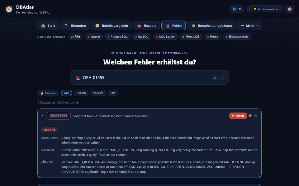 DBAtlas-Fehlercode-Analyse: ORA-01555 mit Bedeutung, Ursache und Lösung